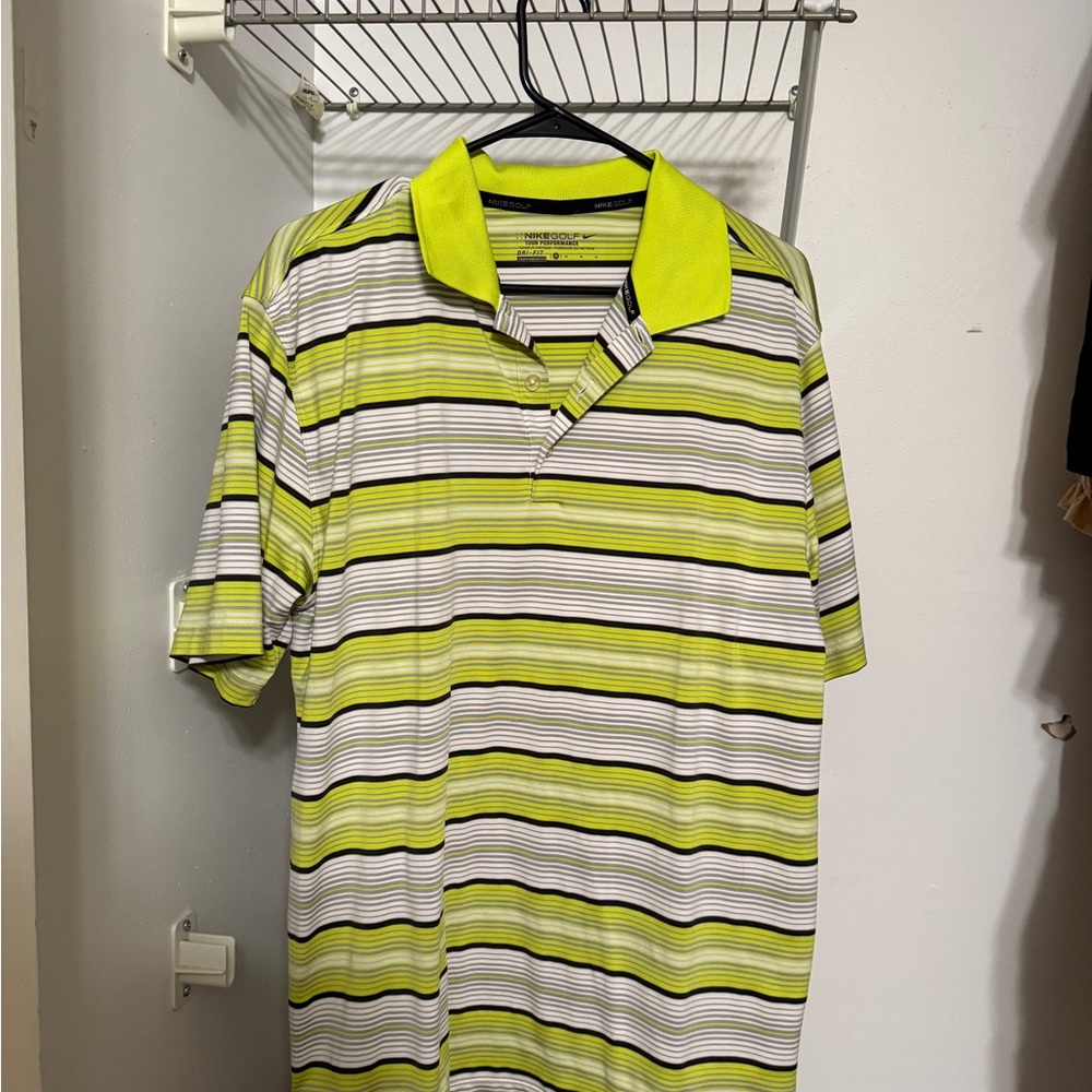 Nike Men's Polo Shirt - Lime Green and Black Stripes